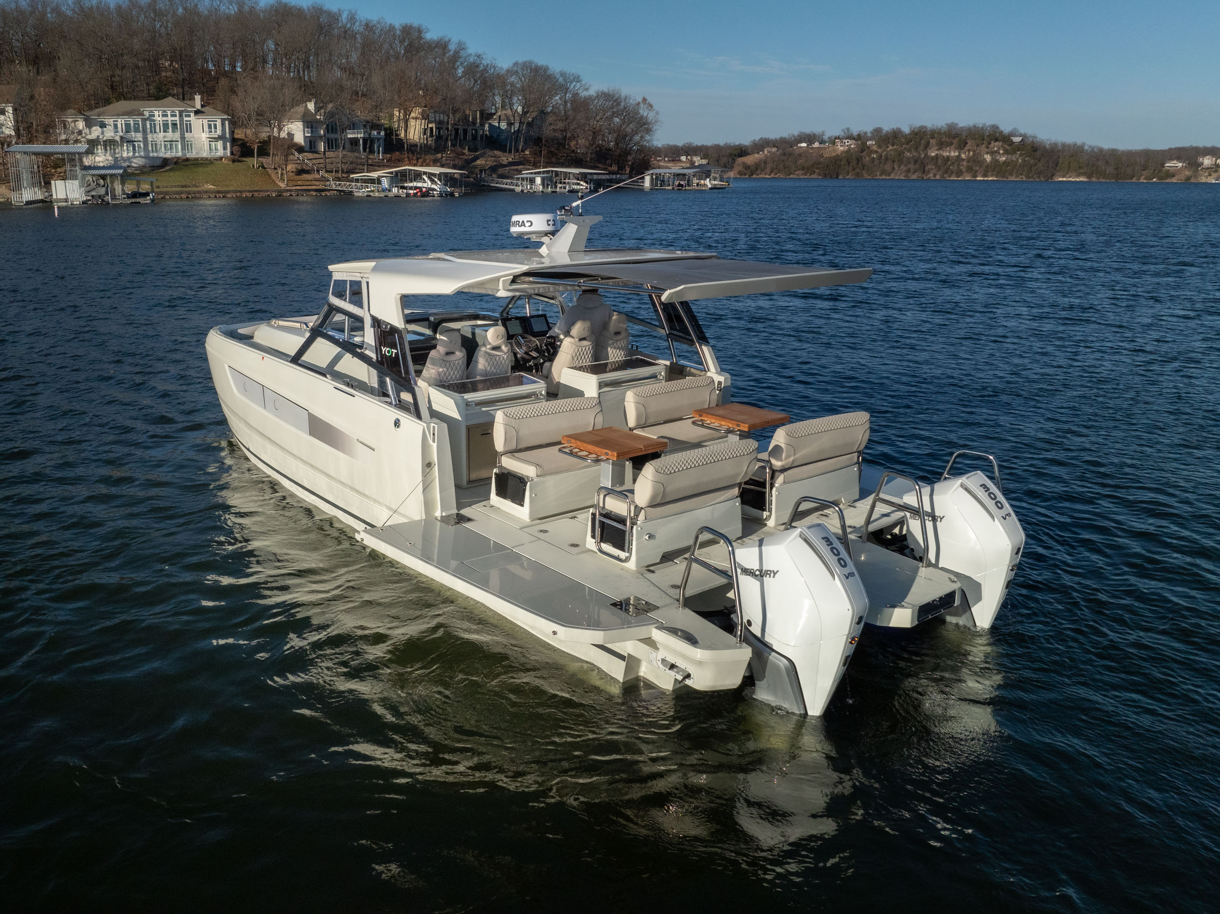 Serata aerial view with twin Mercury outboards